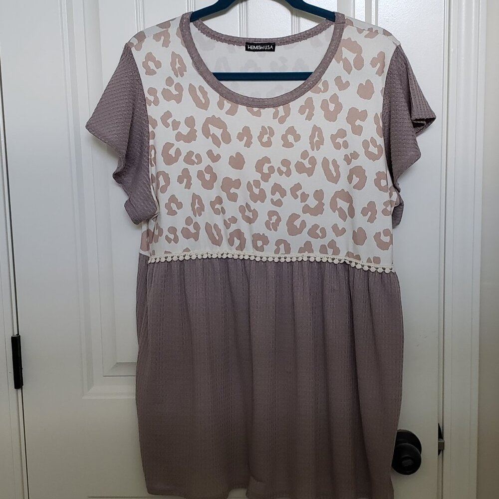 Heimish Tan & Leopard Babydoll Top LG